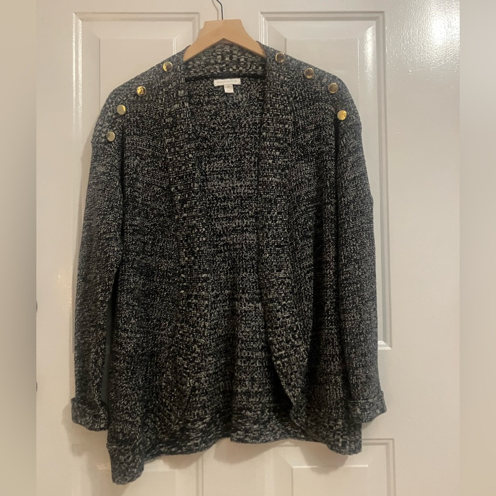 Charter Club - open-front grey cardigan,with gold-tone shoulder buttons